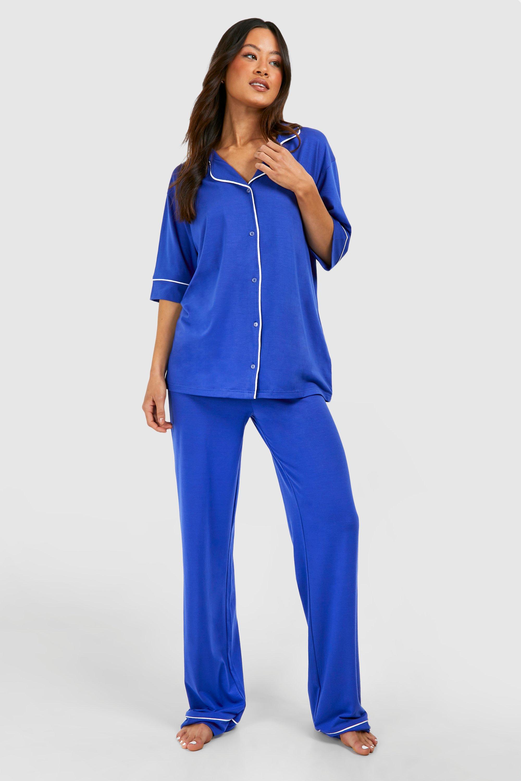 Womens Tall Jersey Piping Trouser Pj Set - Blue - 10, Blue